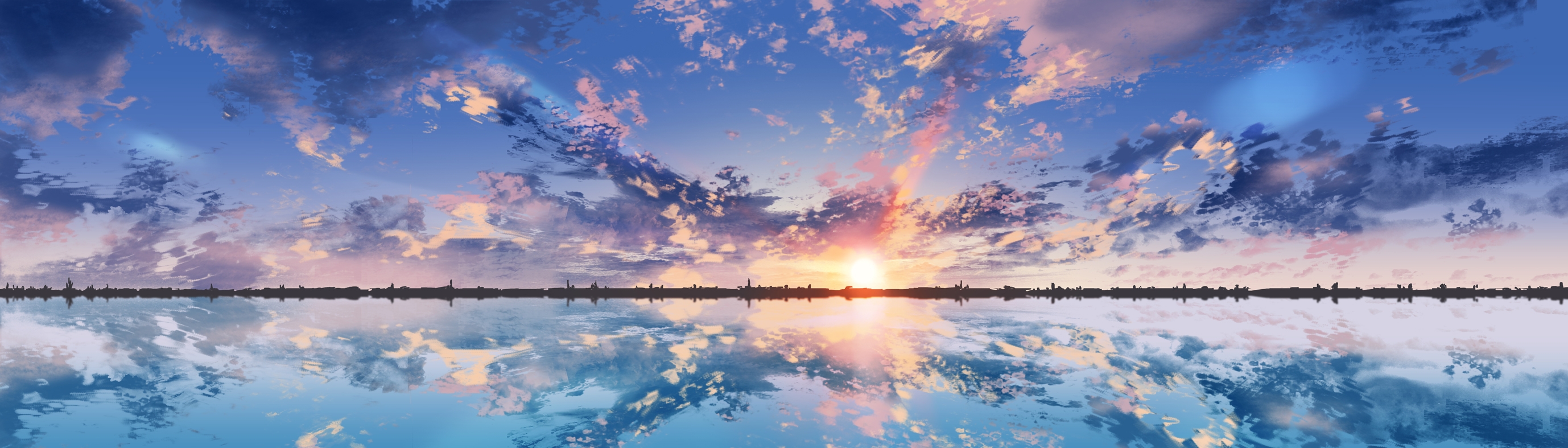 Anime Scenic, Clouds, Sunset, Reflection, Dual Monitor - Dual Monitor Wallpaper Scenery - HD Wallpaper 