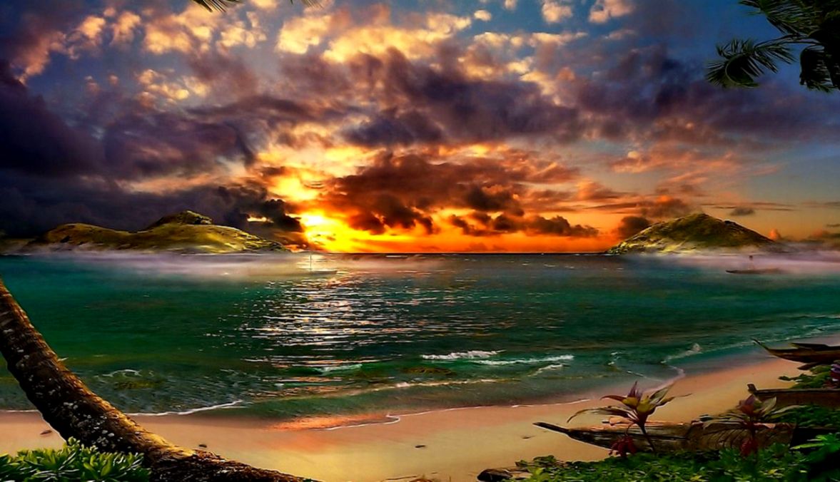 Tropical Beach Sunset Hd Desktop Wallpaper Wp12010226 - Tropical Beach Sunset Wallpaper Hd - HD Wallpaper 