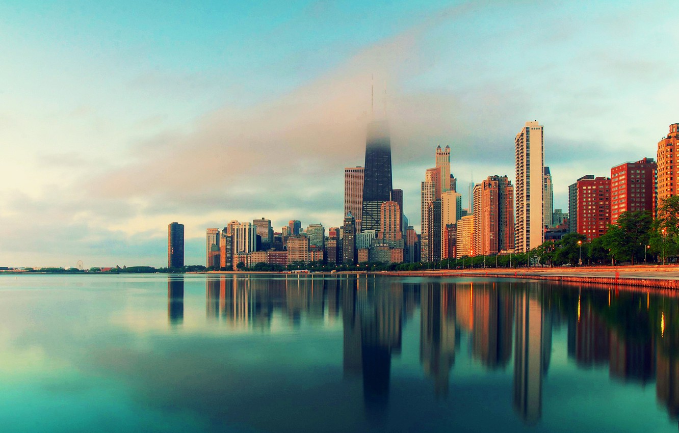 Photo Wallpaper Water, The City, Fog, Skyscrapers, - Chicago - HD Wallpaper 