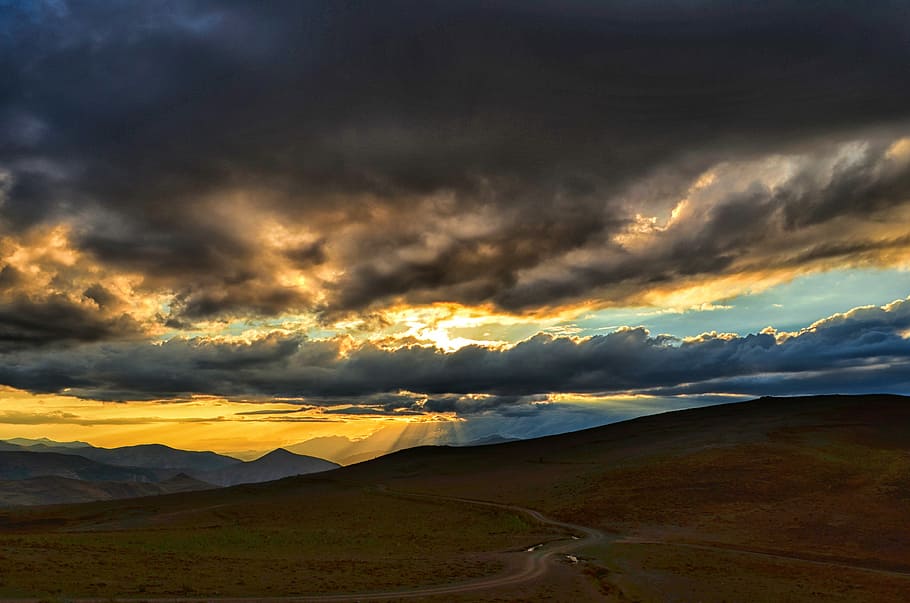 Brown Field Under Blue And Yellow Sky, Panoramic, Sunset, - Tu Eres La Guia De Mi Vida - HD Wallpaper 