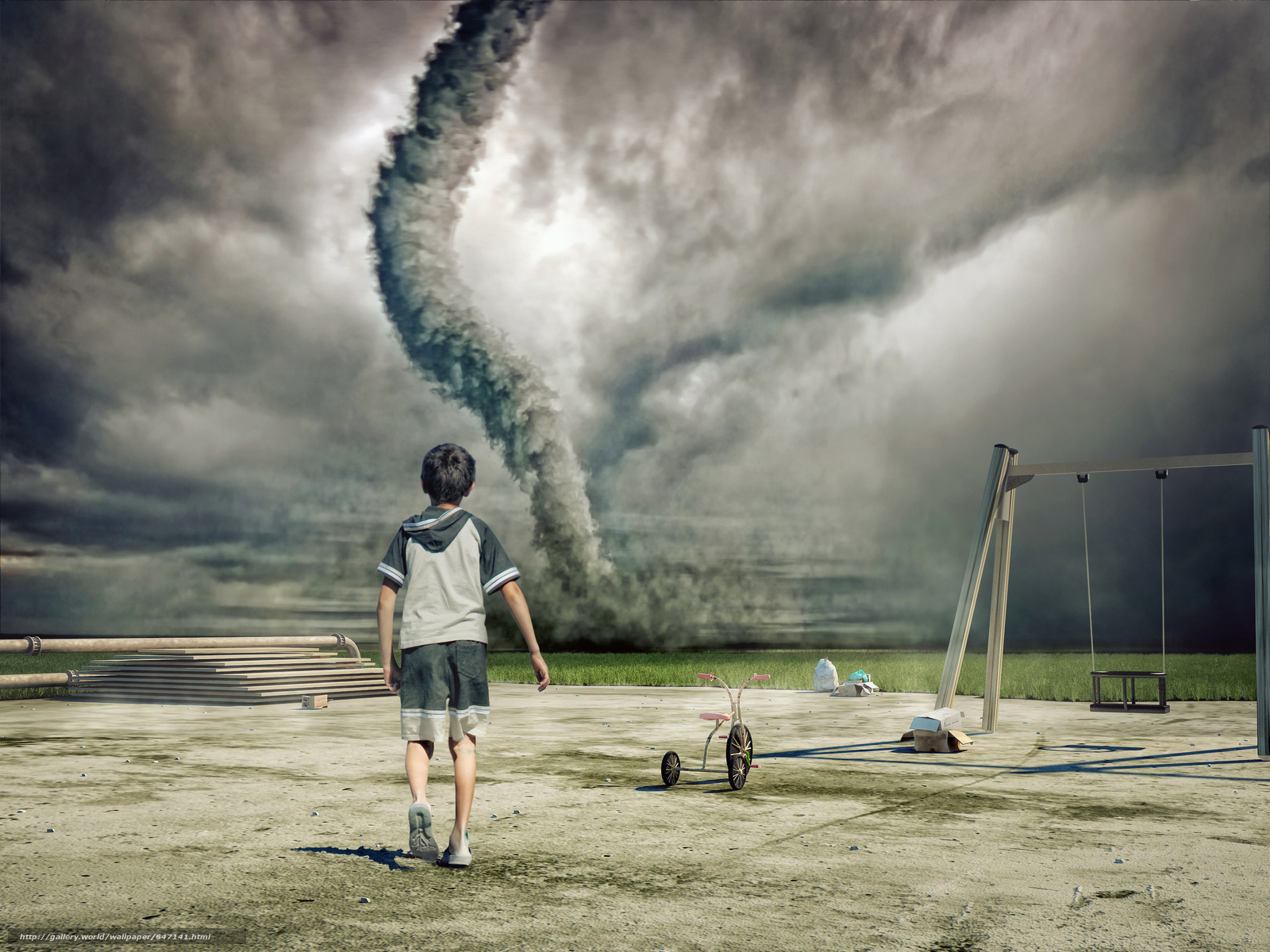 Download Wallpaper Tornado, Field, Guy, Art Free Desktop - Videocon Tv 24 Inch - HD Wallpaper 