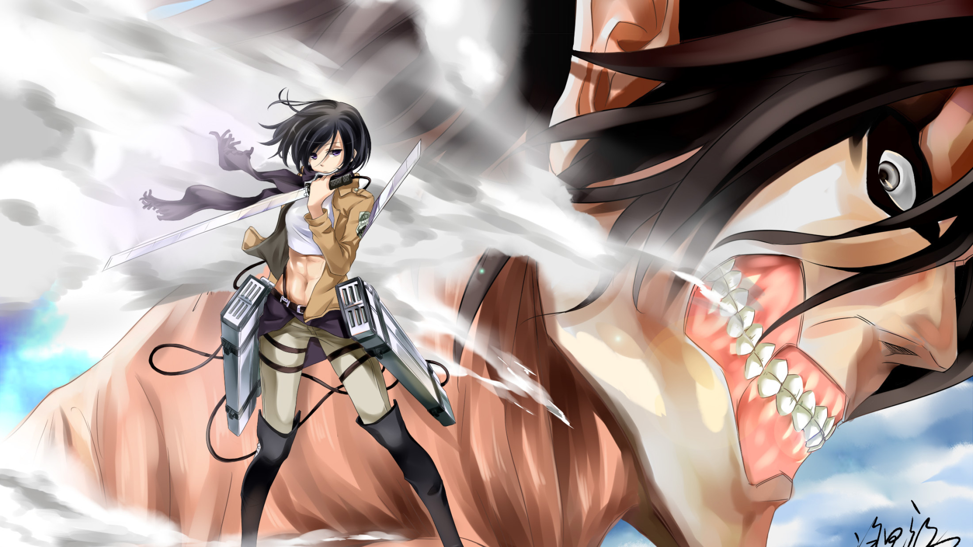Mikasa Y Eren Titan - HD Wallpaper 
