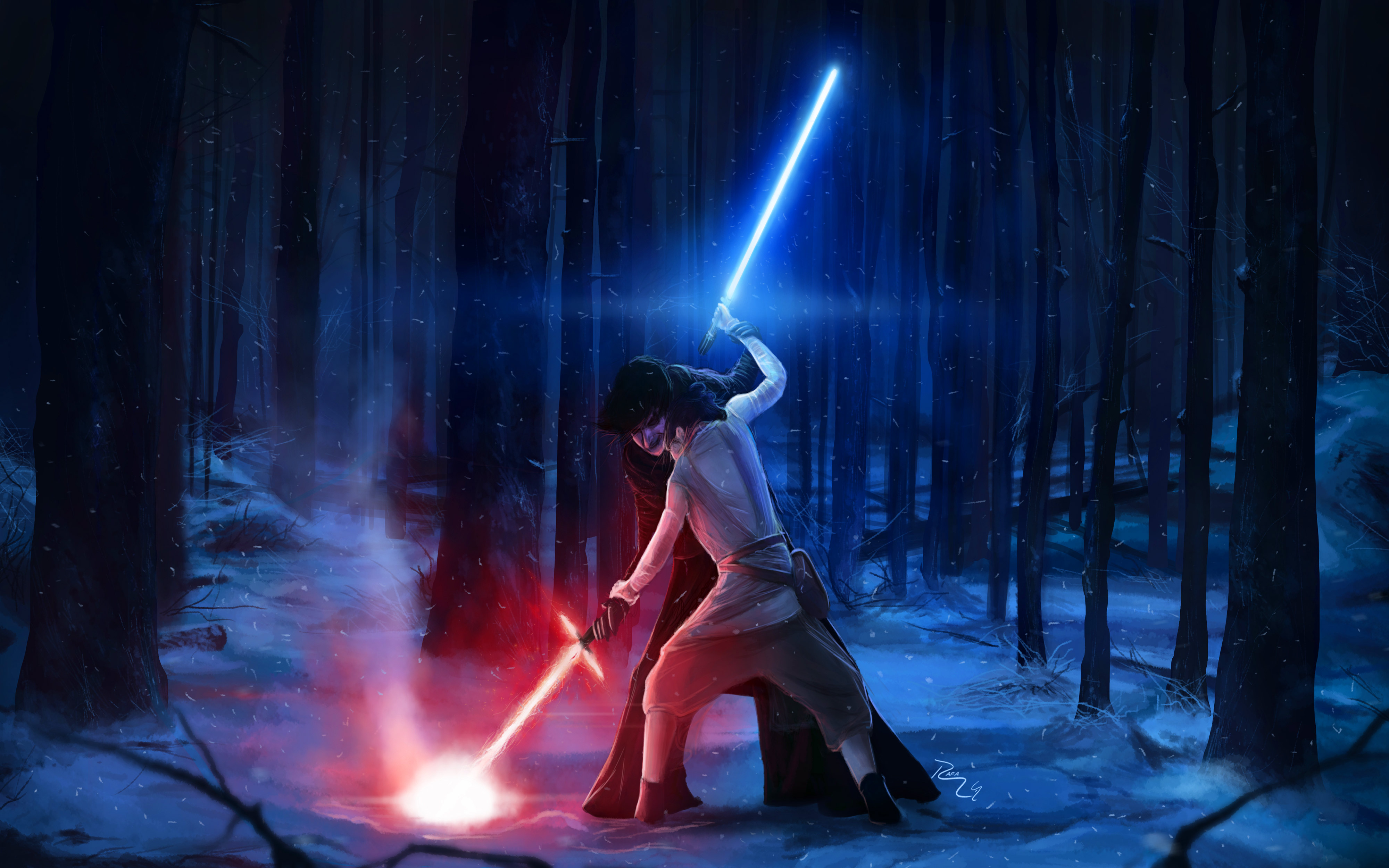 Free Star Wars The Force Awakens Kylo Ren Versus Rey, - Star Wars Wallpaper Rey Kylo - HD Wallpaper 