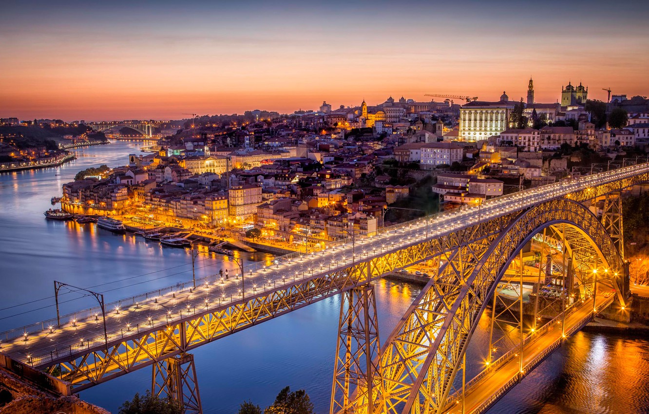 Photo Wallpaper Bridge, Lights, River, Home, Panorama, - Ponte De D Luis Porto - HD Wallpaper 
