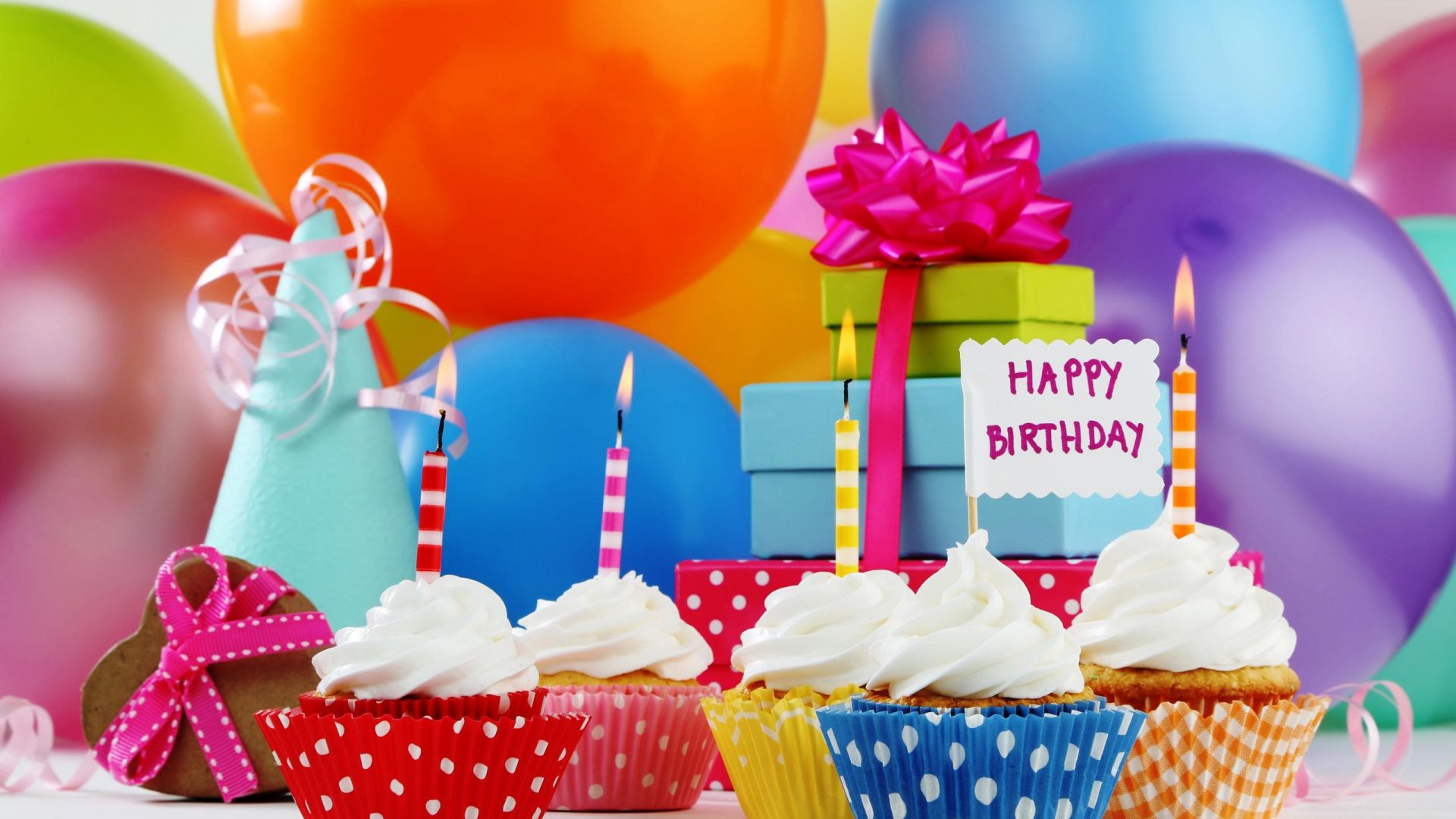 Happy Birthday Balloon Cupcake Gift Wallpaper Wallpaper - Happy Birthday Theme Hd - HD Wallpaper 