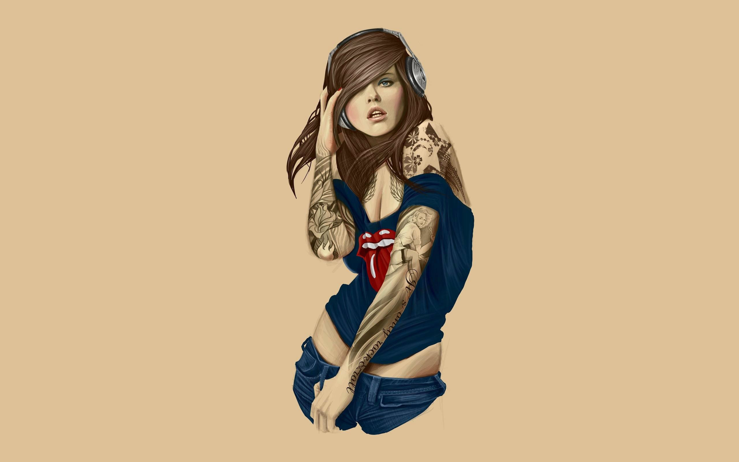 Girl Tattoo Headphones - HD Wallpaper 