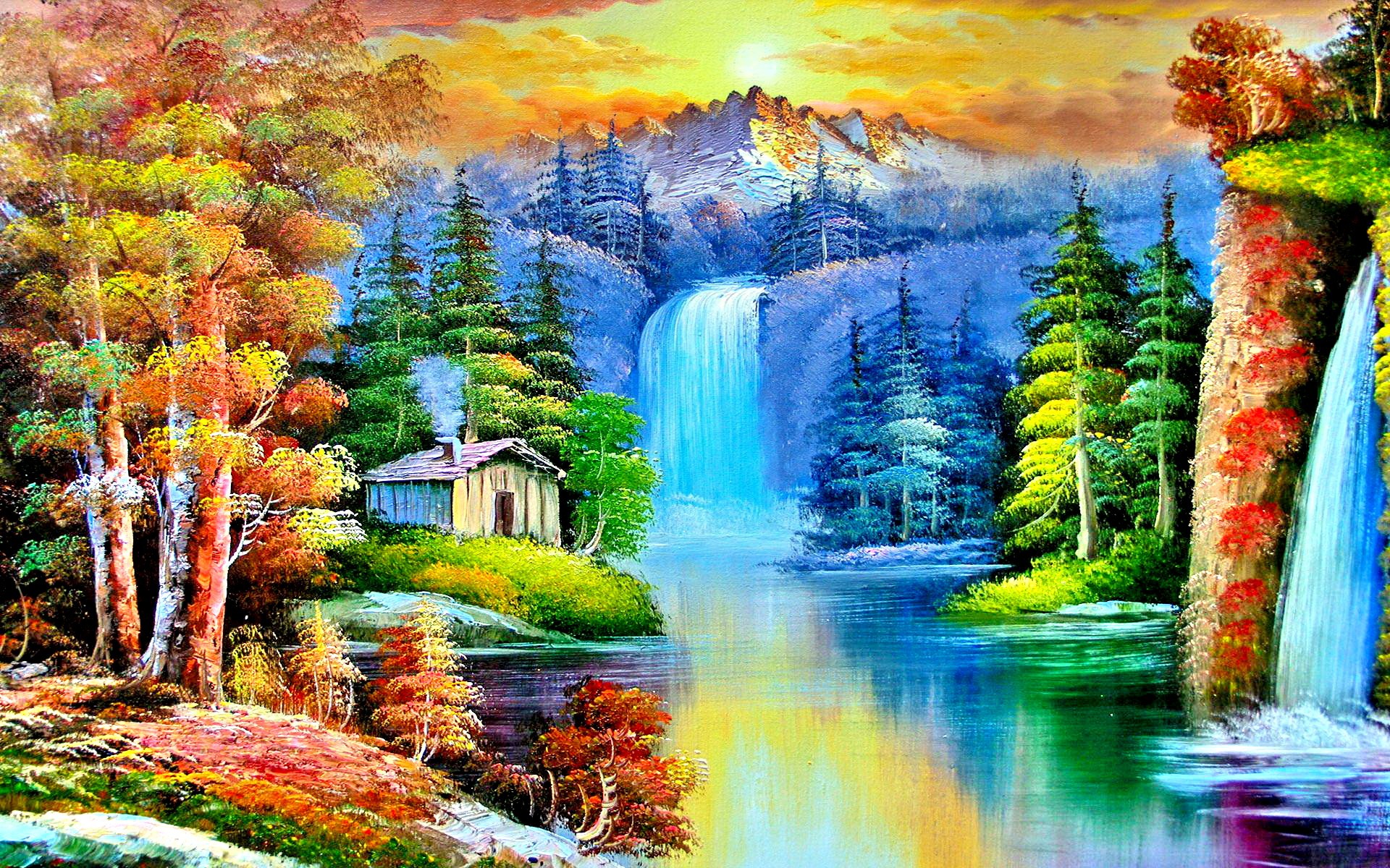 High Definition Quality Desktop Wallpapers Beautiful - Sunset Waterfall Scenery Drawing - HD Wallpaper 