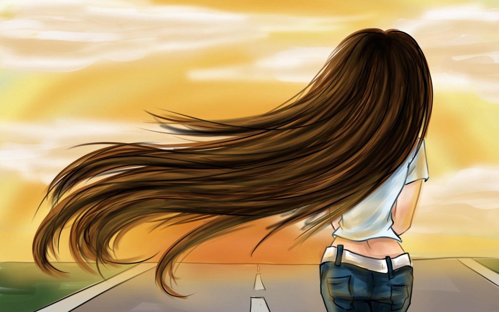 Cartoon Girl With Long Hair - HD Wallpaper 