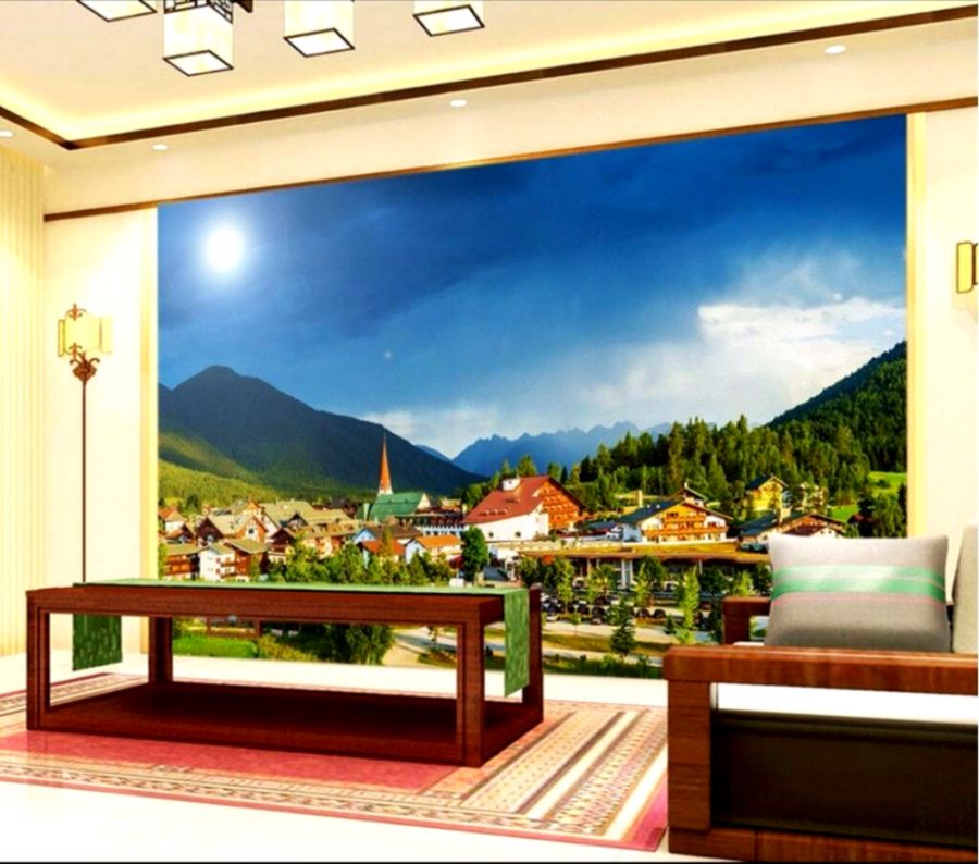 ჱcustom Mural 3d Room Wallpaper Mountain Town In The - Tree Wall Art Bookshelf - HD Wallpaper 