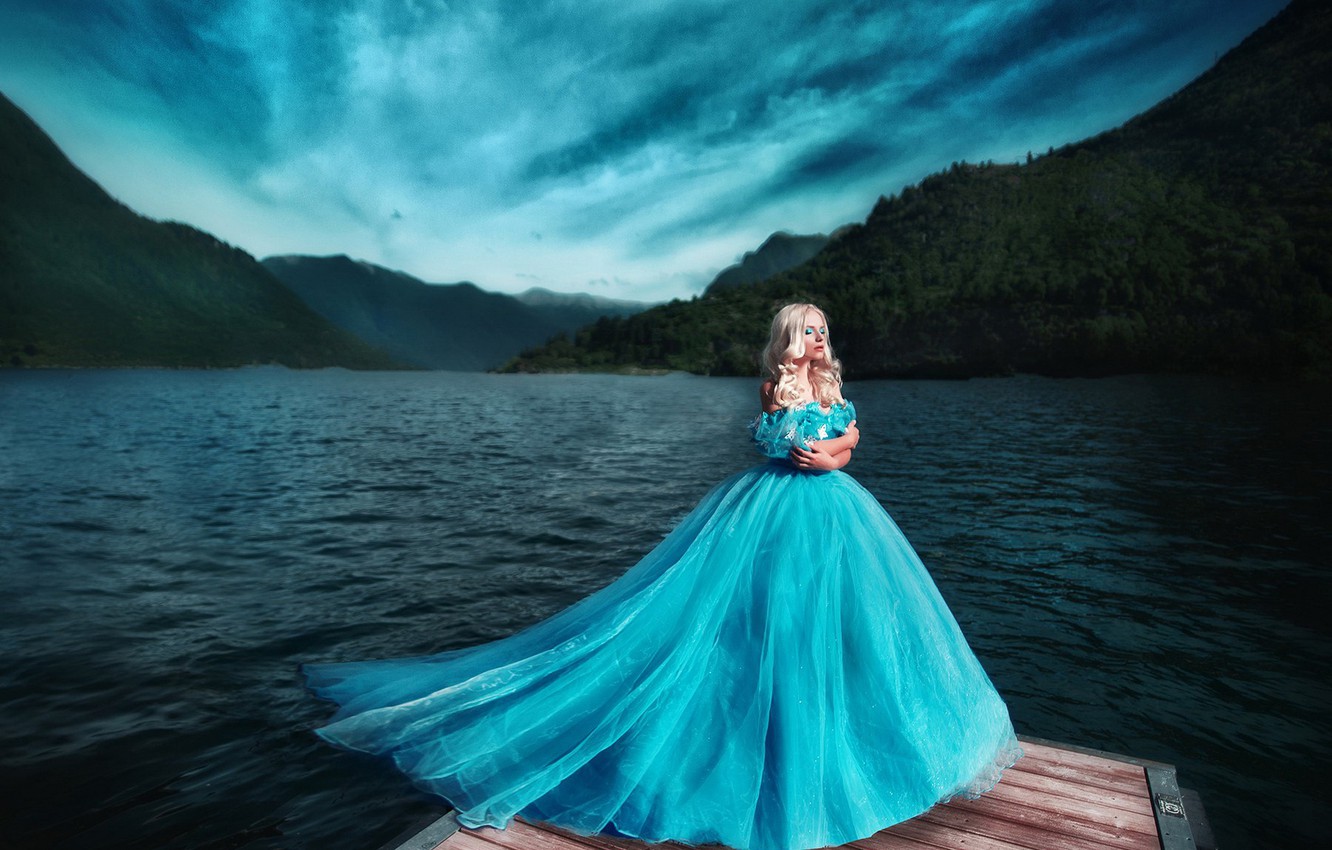 Photo Wallpaper Girl, Blue, Shore, Dress, Blonde, Photographer, - Princess Dress - HD Wallpaper 