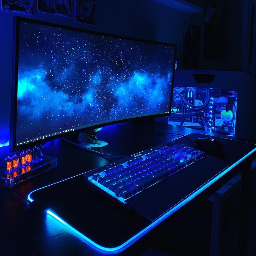 Blue Gaming Setup - HD Wallpaper 