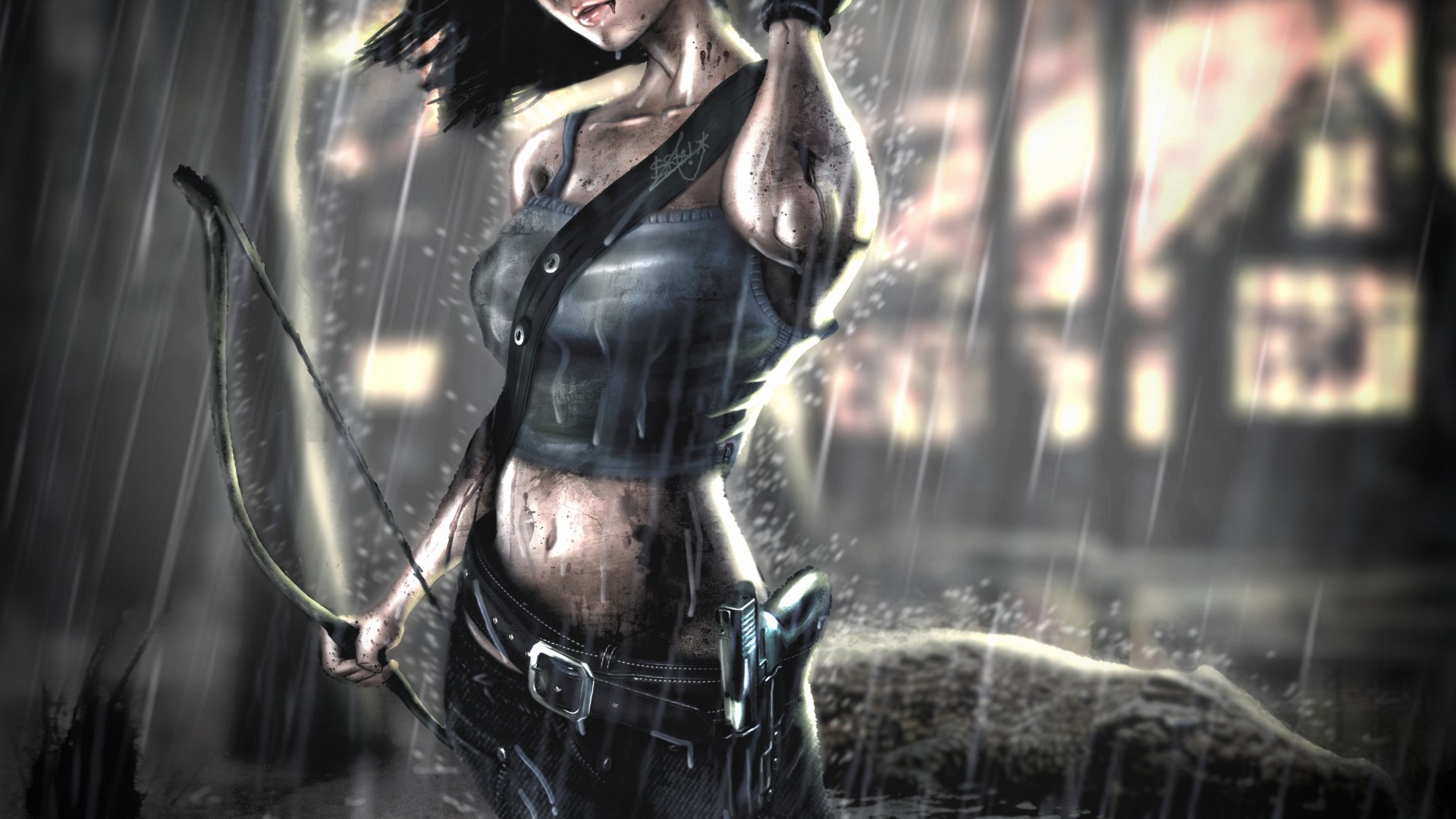 Wallpaper Lara Croft Heavy Rain Bow Gun - Lara Croft - HD Wallpaper 