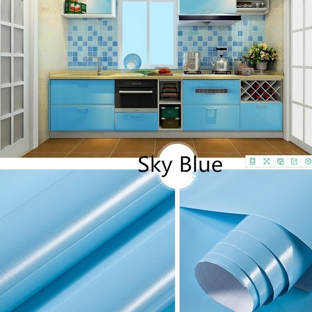 Kitchen Cabinet Pvc Blue Colours - HD Wallpaper 