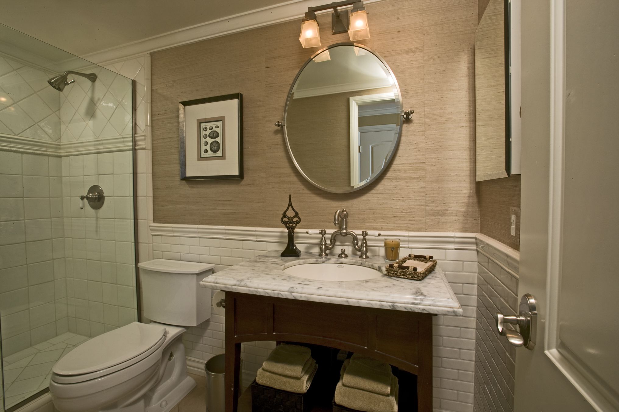 Seagrass Wallpaper In Bathroom - Tile Behind Vanity And Toilet - HD Wallpaper 