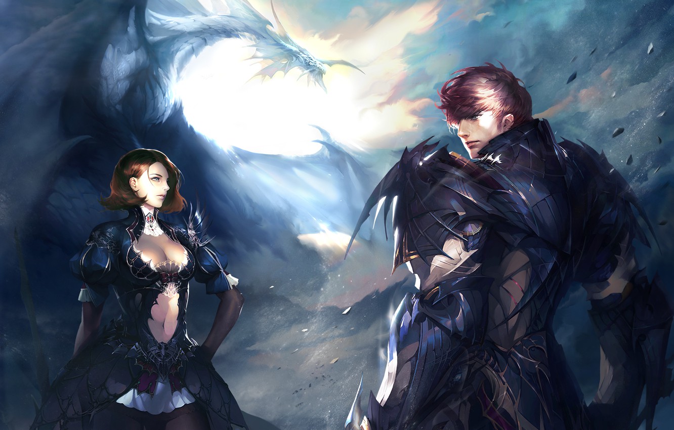 Photo Wallpaper Fragments, People, Woman, Dragon, People, - Armor Lineage 2 Art - HD Wallpaper 