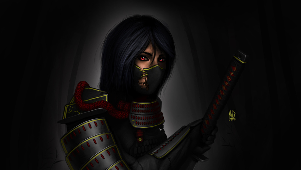 Art, Dark Background, Headband, Girl, Armor, Samurai - Samurai - HD Wallpaper 