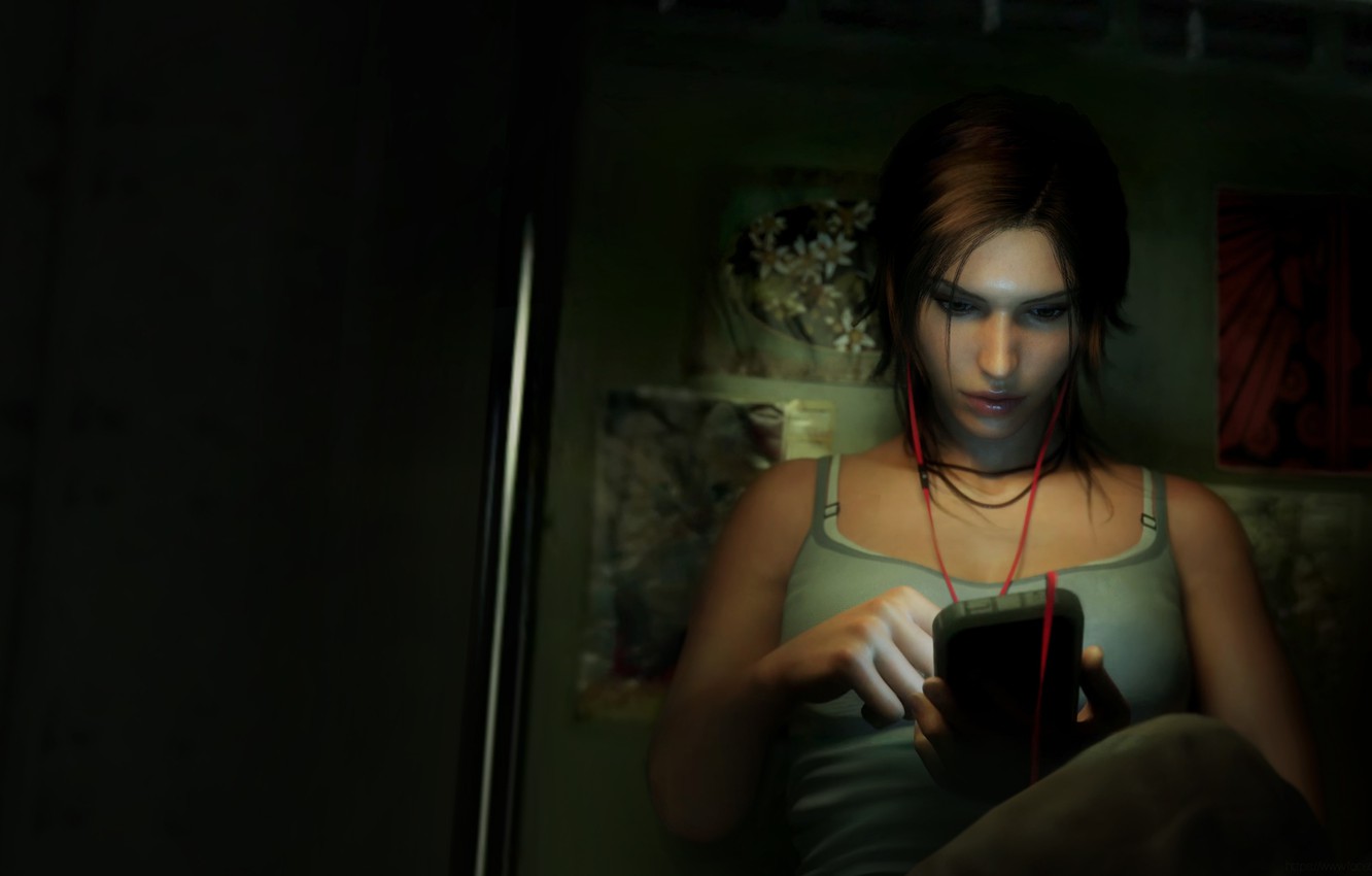 Photo Wallpaper Girl, Face, Phone, Lara Croft, Tomb - Girl - HD Wallpaper 