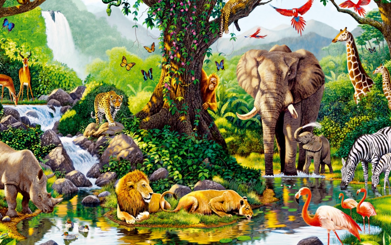 Jungle Animals Seven Wallpapers - Jungle Scenery With Animals - HD Wallpaper 