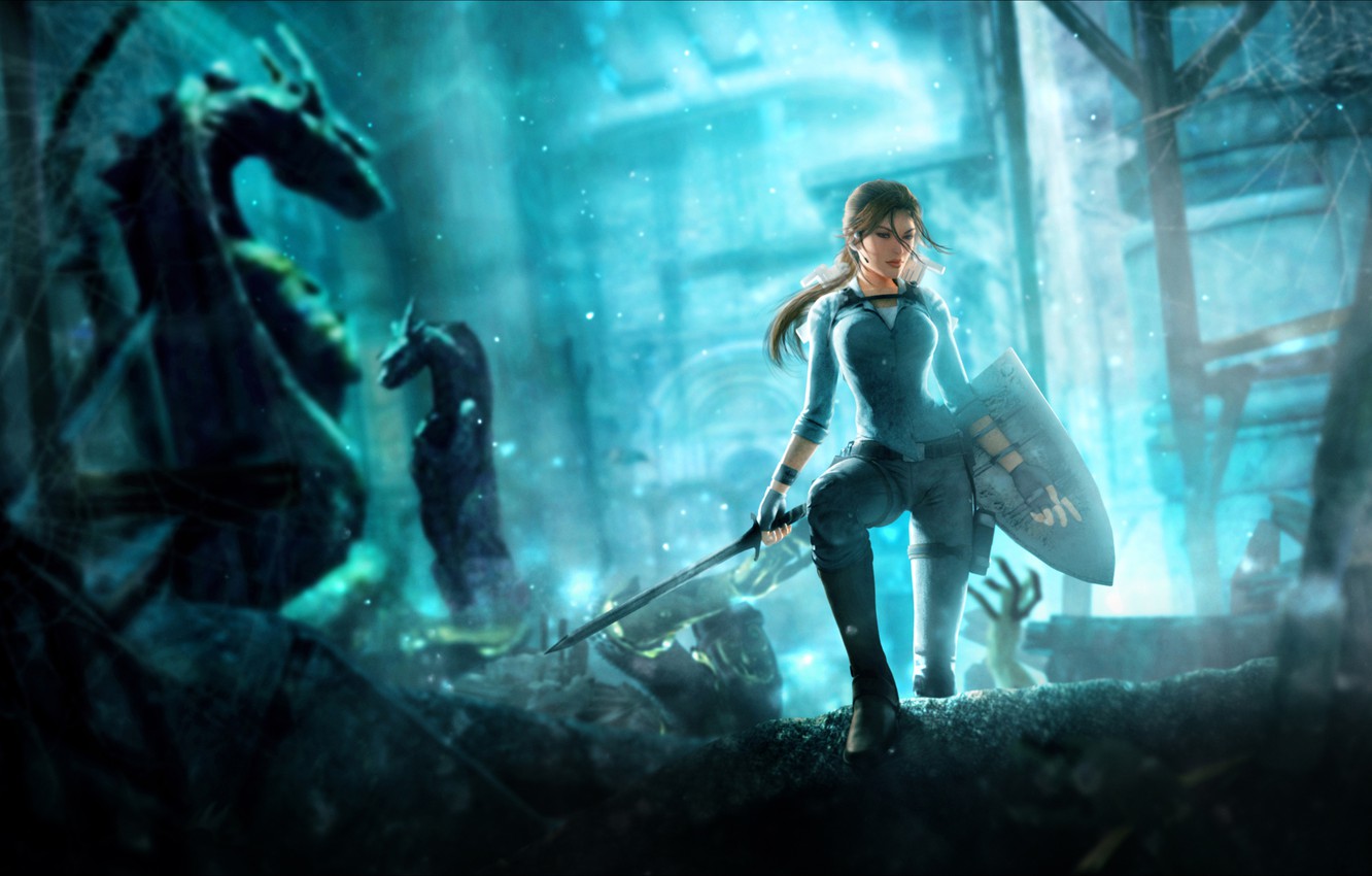 Photo Wallpaper Look, Girl, Hair, Sword, Beauty, Shield, - Underworld Tomb Raider Gra - HD Wallpaper 